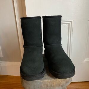 Black Ugg boots, mid-calf, suede and lamb’s wool. Not often worn!